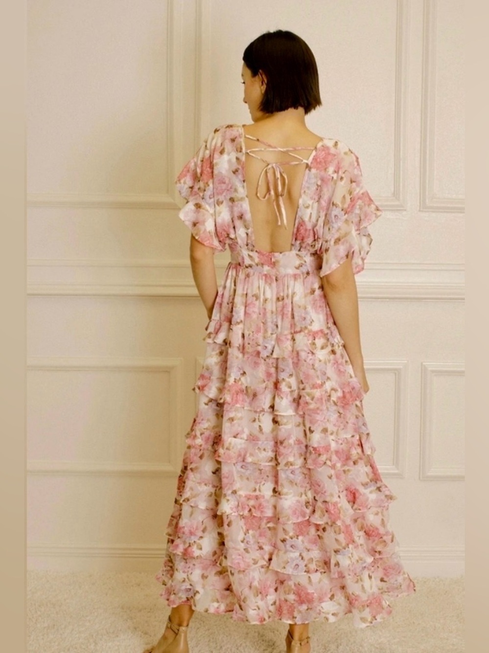 Storia Pink Floral Tiered Maxi Dress with Deep V - Picture 2 of 9